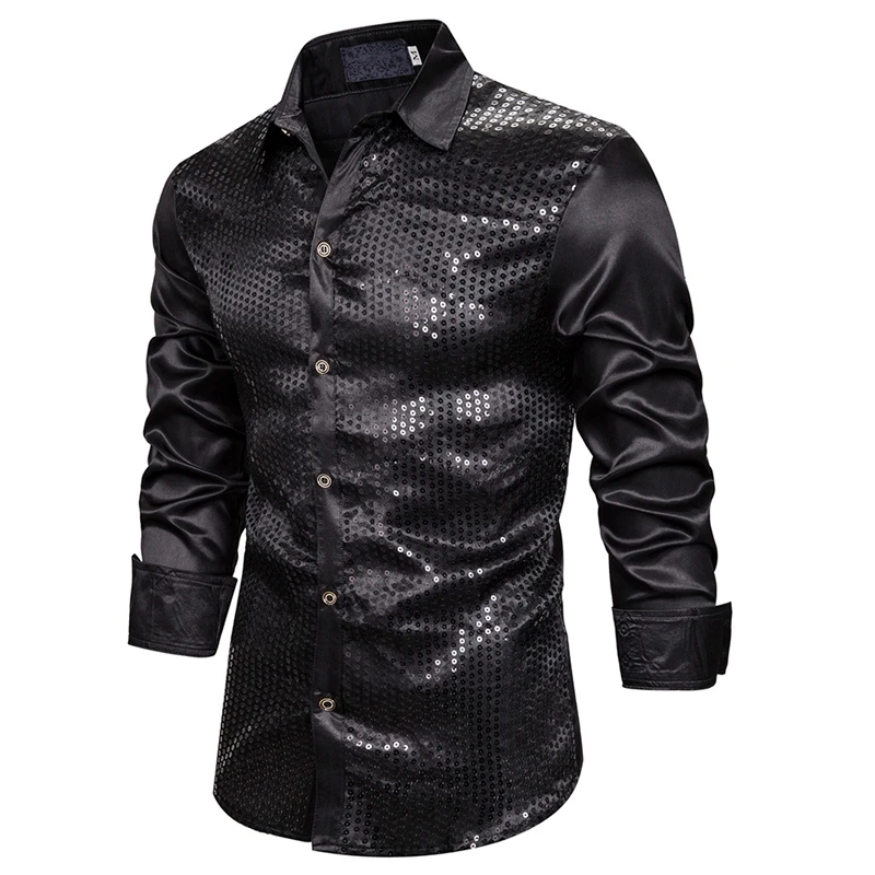 CYSINCOS New Men'Luxury Sequin Dress Shirts Long Sleeve Silk Satin Shiny Men Chemise Stage Dance | Мужская одежда
