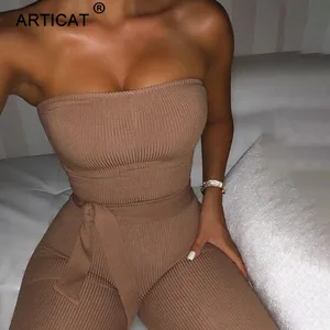 Articat хлопковый трикотажный сексуальный комбинезон для женщин с открытыми плечами Облегающий комбинезон женский комбинезон с поясом модные длинные штаны комбинезоны