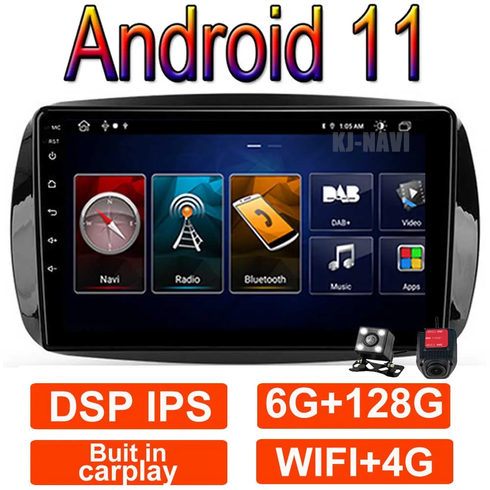 

Автомобильный мультимедийный плеер, 6 + 128G IPS 9 ''для Mercedes Smart Fortwo 2015 2016 2017 Android 11, радио, GPS, 2 Din, без DVD