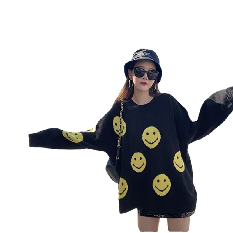 

Осенне-зимний свитер с улыбающимся лицом, женское новое пальто средней длины, Женская Студенческая Корейская Свободная трикотажная нижняя ...