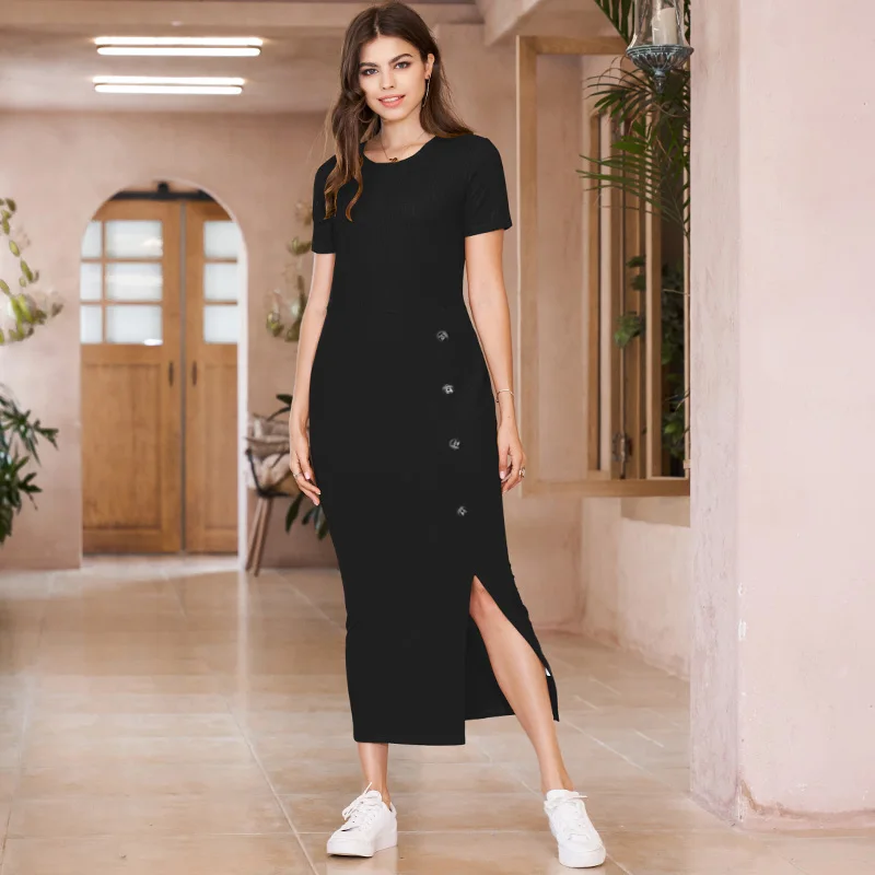 

Summer New Women Black Long Dress Fashion Stretch Slim Knitted Elegant Workplace Sweet Split Short-sleeve O-neck Button Dresses