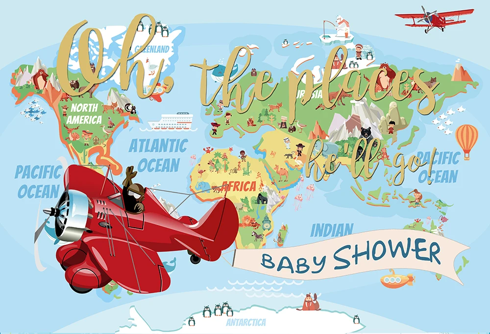 Adventure Theme Baby Shower Backdrop The Places he'll Go Airplane Birthday Party Vintage World Map Background Banner Decorations |