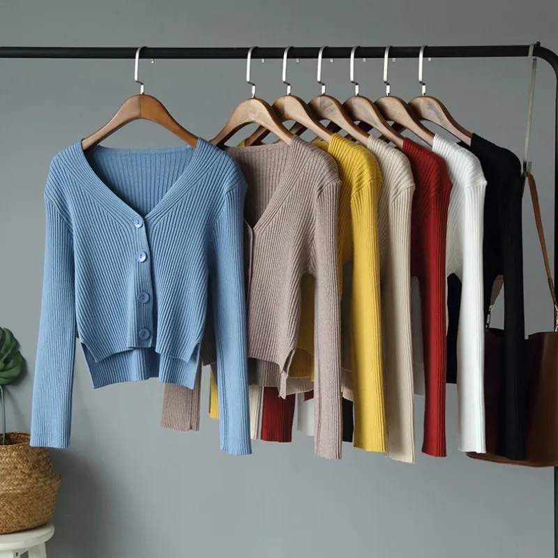 Однотонный тонкий прилегающий вязаный кардиган с v-образным вырезом Женские