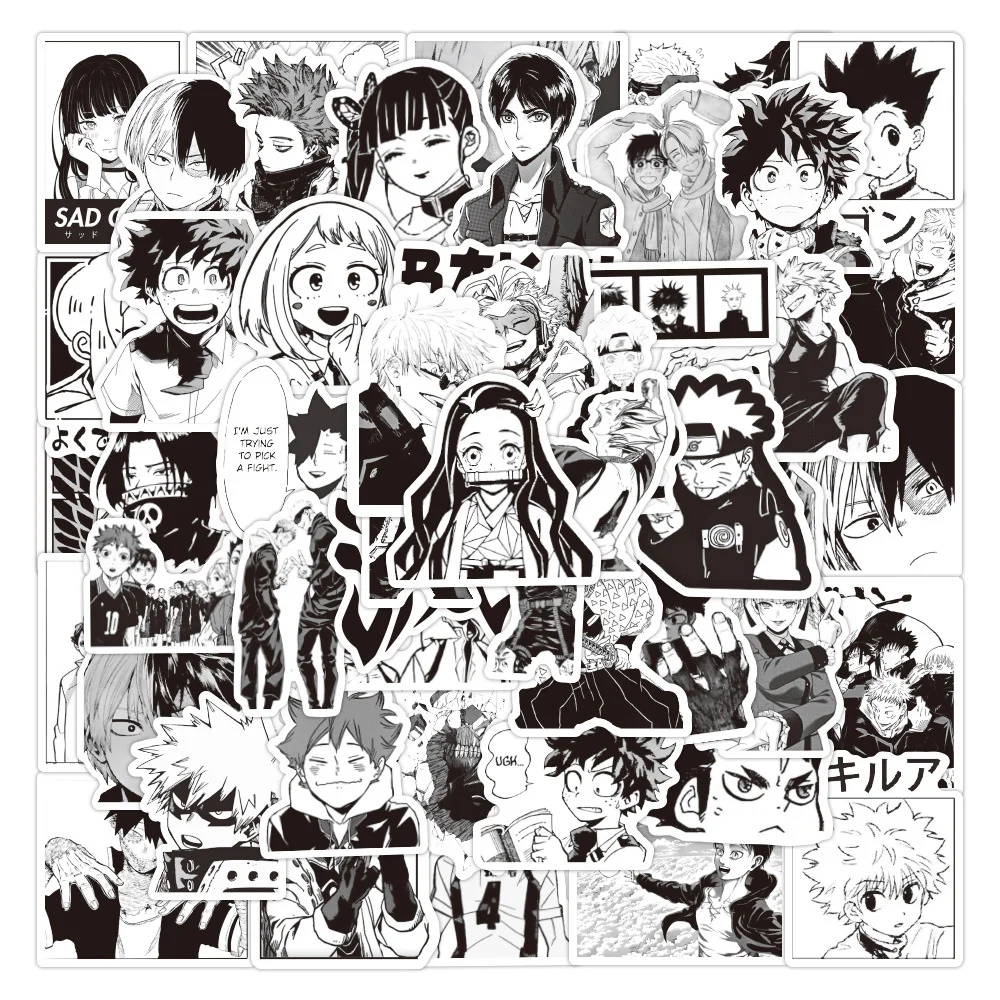 

10/30/50PCS Black and White Japanese Comic Theme Graffiti Stickers Demon Slayer/My Hero Academia Cartoon Stickers Wholesale