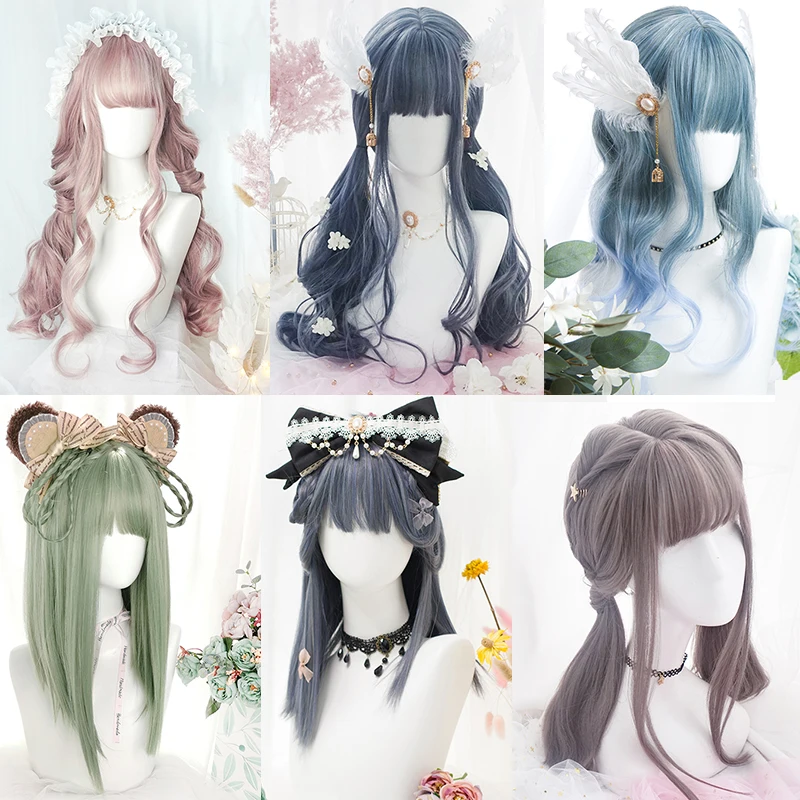 TALANG Tender pink Blue Green Long Synthetic Wave Wigs for Women Heat Resistant multiple colour Fiber Cosplay Lolita Wigs