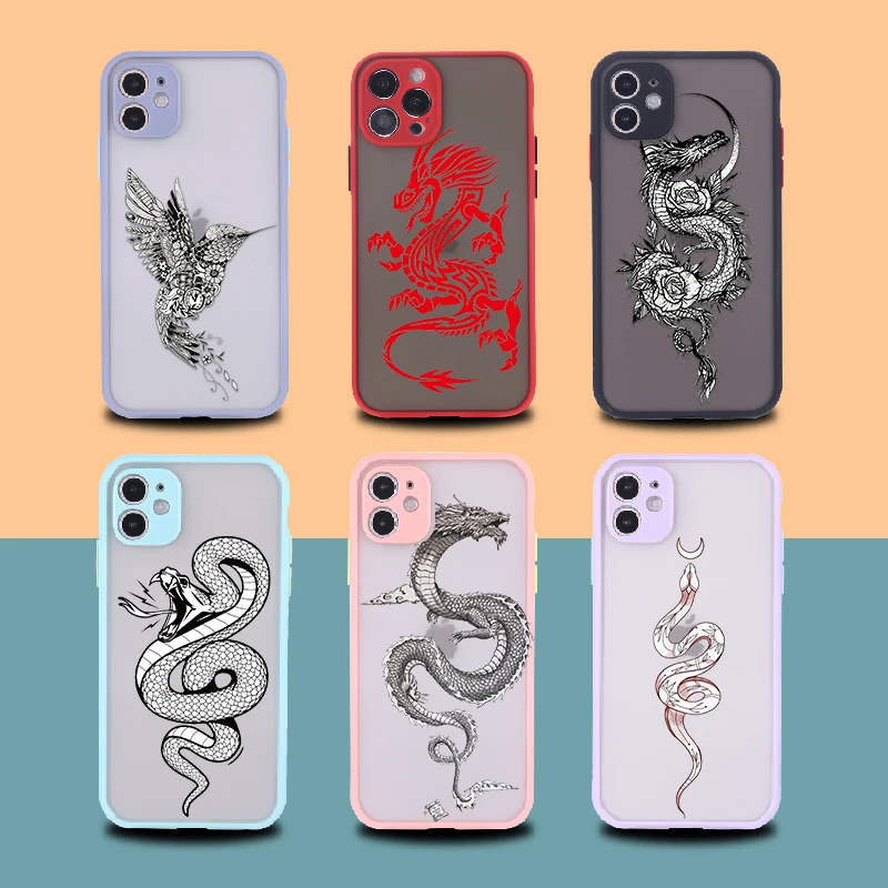 

Artistic Animal Dragon Matte Phone Case For iPhone 11 12 Pro Max Mini X XS XR 7 8P Coque Camera Lens Protection Back Cover