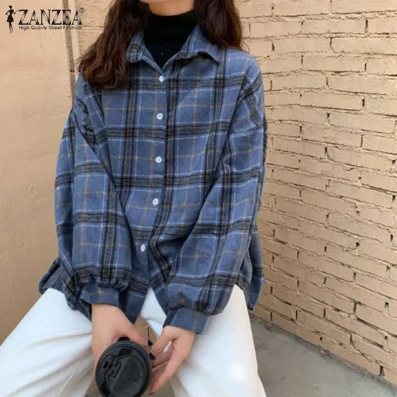 

Vintage Check Shirts Women Autumn Blouses 2021 ZANZEA Casual Lapel Button Blusas Female Plaid Tunic Thin Coats Oversized Chemise