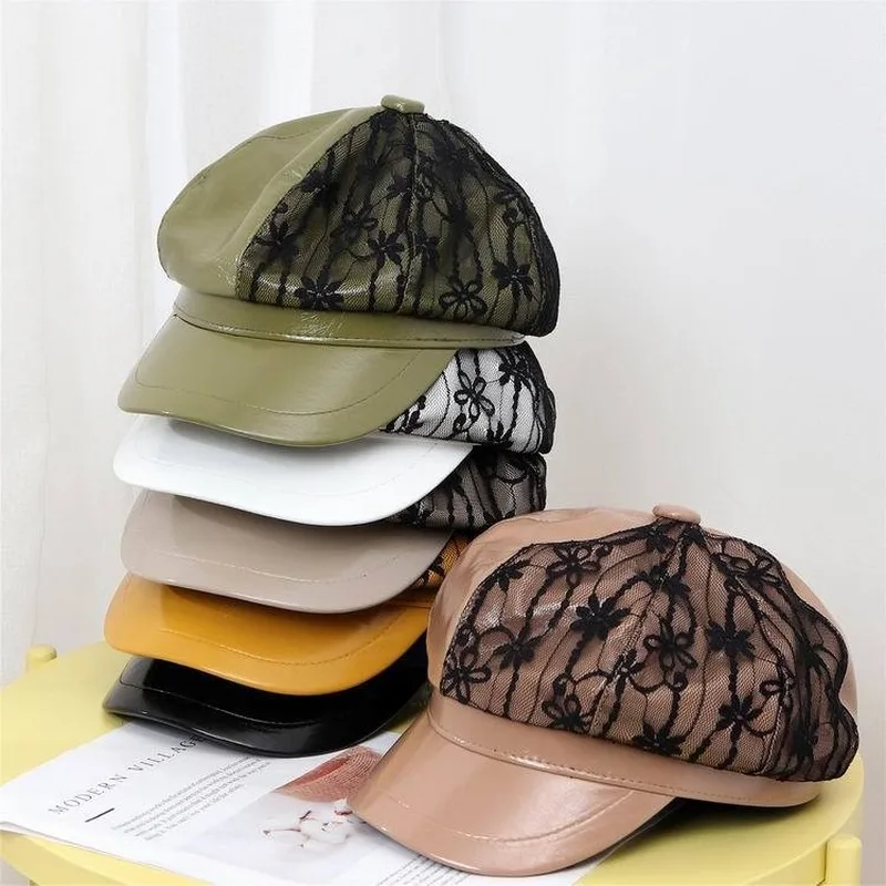 Восьмиугольный женский корейский модный кружевной однотонный кожаный берет с