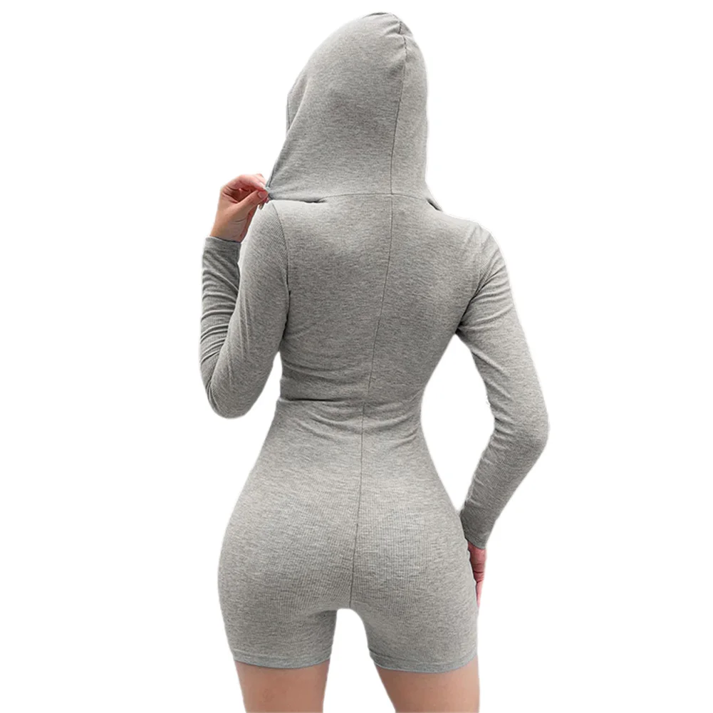 

Women's Hooded Jumpsuit Round Neck Long Sleeve Solid Color Sports Style Shorts Romper