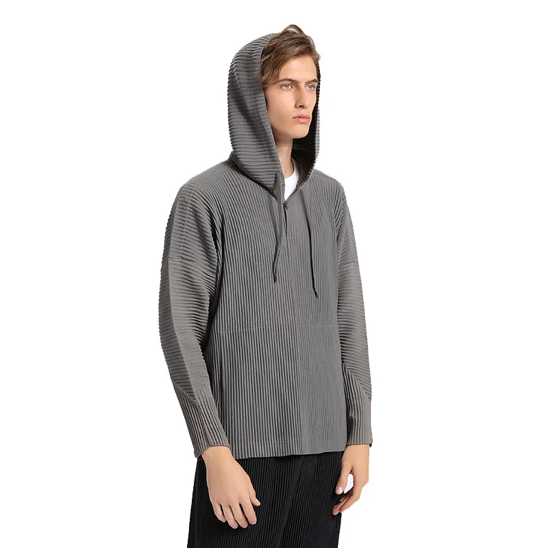 

IEFB 2021 New Pleated Men's Sweatshirts Solid Color Hooded Pullover Long Sleeve Grey Sport Tops Loose Big Size Clothing 9Y6735