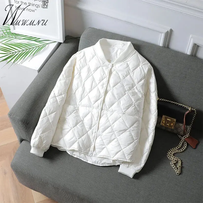 

2021 Winter Ultralight Short Jackets Women Casual Buttons Baseball Collar Cotton Coat Thicken Warm White Padded Parkas Outwear