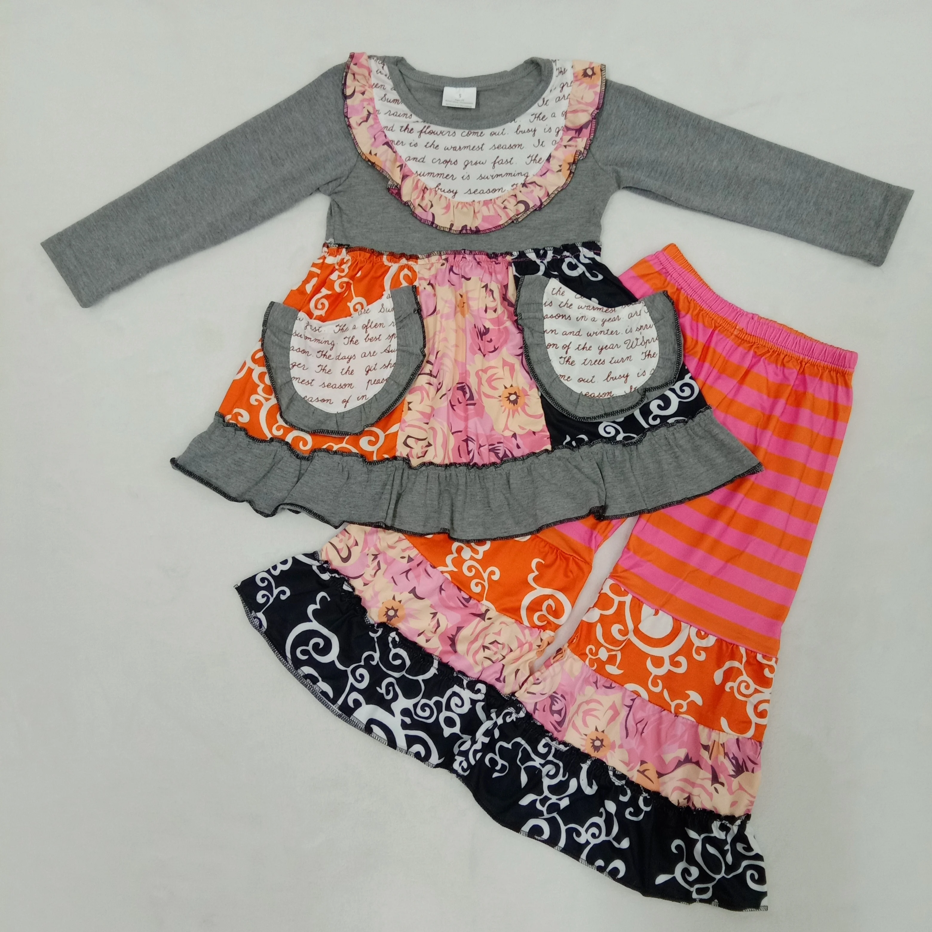 

Children Girls Spring Clothes Set Long Sleeve Top Matching Bell Bottom Pants Boutique Kids Outfit With Pocket Gray Color