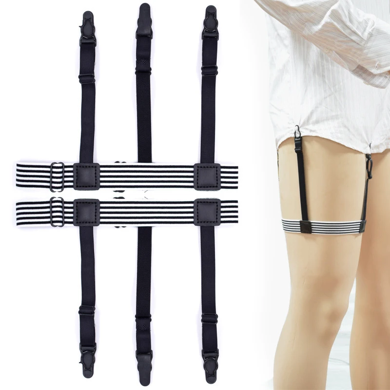 

Women Mens Classic Shirt Stays Garters Holders tirantes hombre Elastic Adjustable Leg Suspenders Belt Shirt Tuck 3 Clips Black