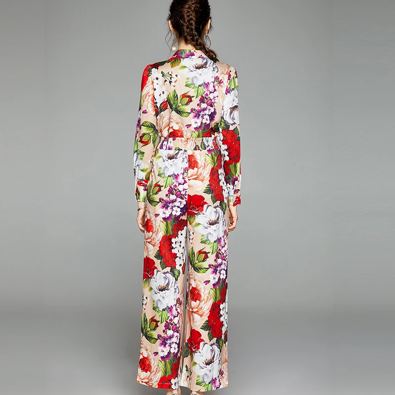 

Early autumn ladies ladies temperament lapel print elastic waist long sleeve wide leg jumpsuit women