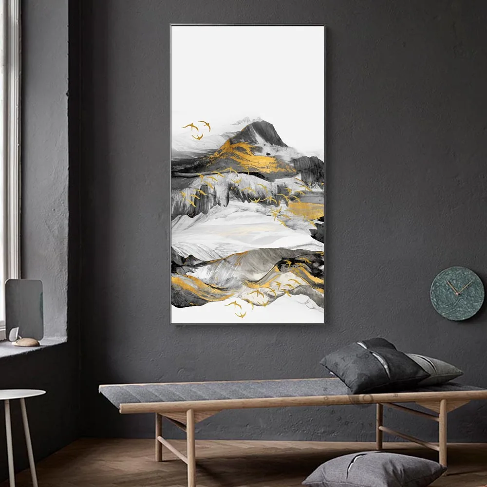 

Nordic Golden Mountain Bird Landscape Abstract Canvas Paintings Print Poster Oil Painting For Living Room Modern Home