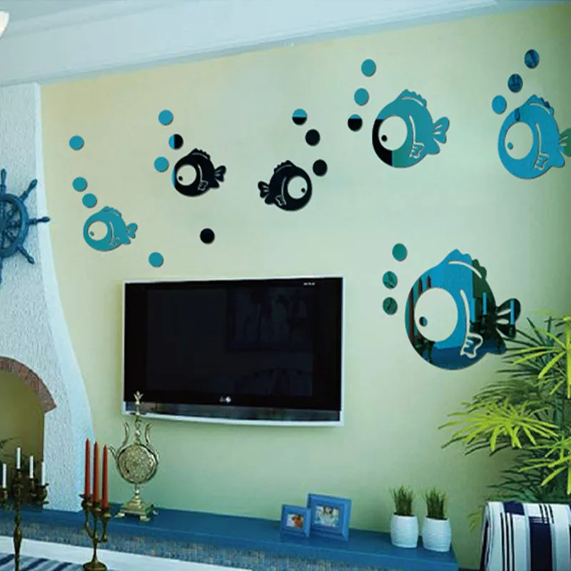 Акриловые зеркальные наклейки с объемными маленькими рыбками самоклеящиеся