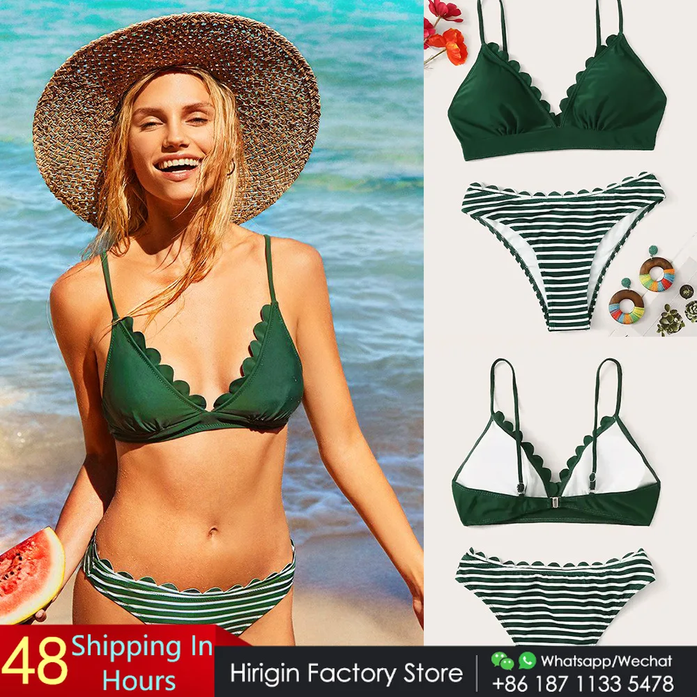 

Hirigin Hot Army Green Striped Bikini Set Women Swimwear New 2020 Ruffles Push Up Padded Swimsuit Summer Bathing Suit Biquini