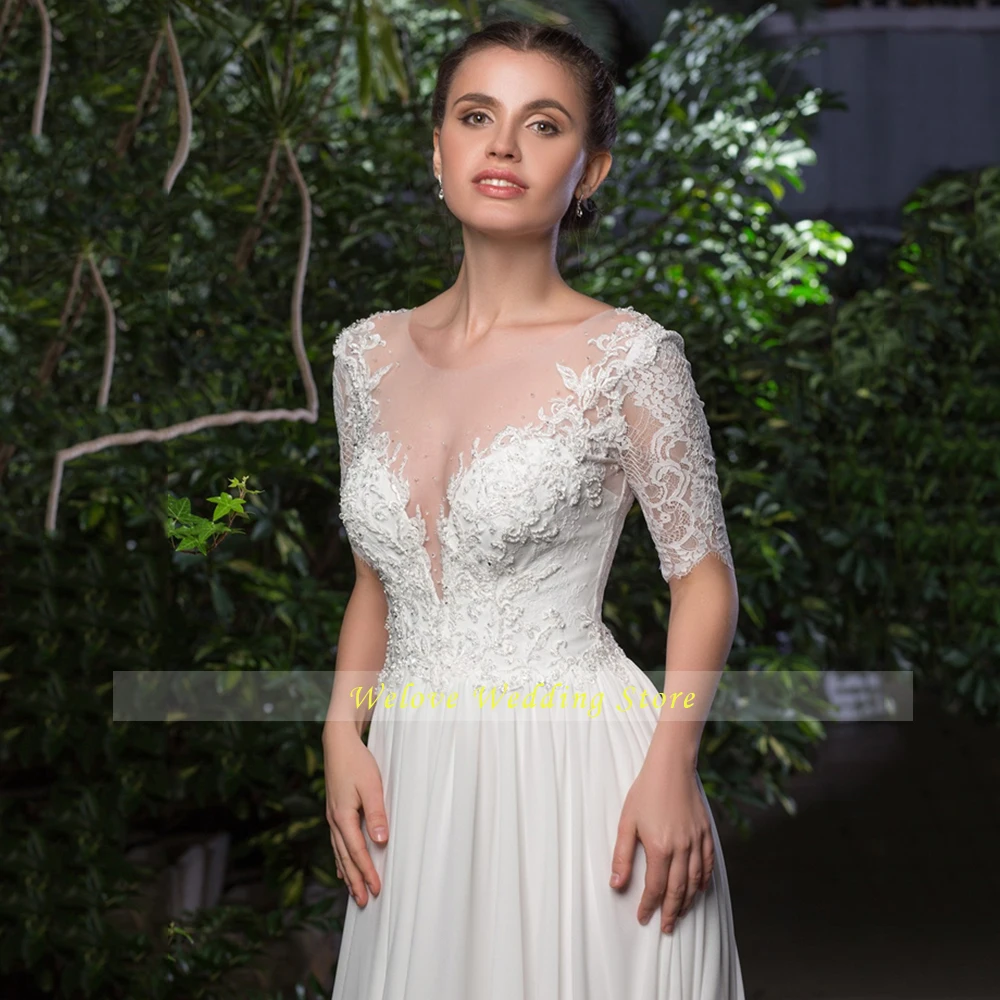 

Charming Chiffon Wedding Dress Illusion Scoop Lace Half Sleeve A Line White Applique Beading Civil Sweep Train Bridal Gowns