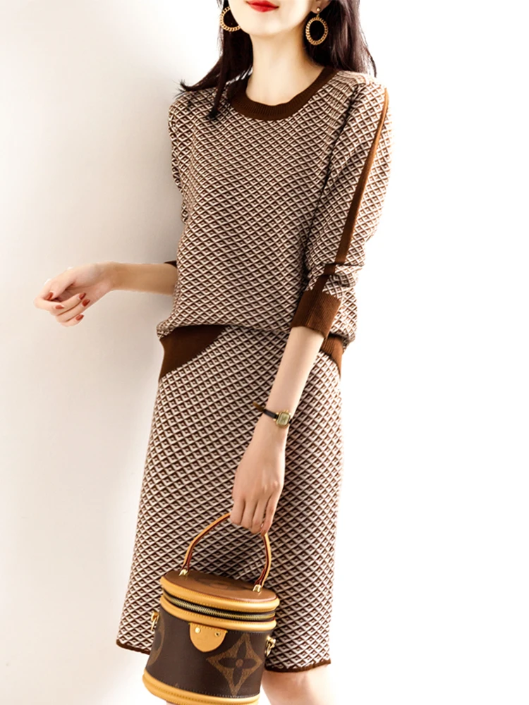 

SURMIITRO Knitted Blue Plaid 2 Pieces Sets 2021 Autumn Winter Fashion Sweater Women Korean Style Midi Knee Length Skirt Female