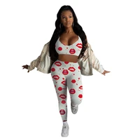 womens two piece suit 2021 summer womens clothing casual sexy fashion trend lip print love hole strip two piece suit