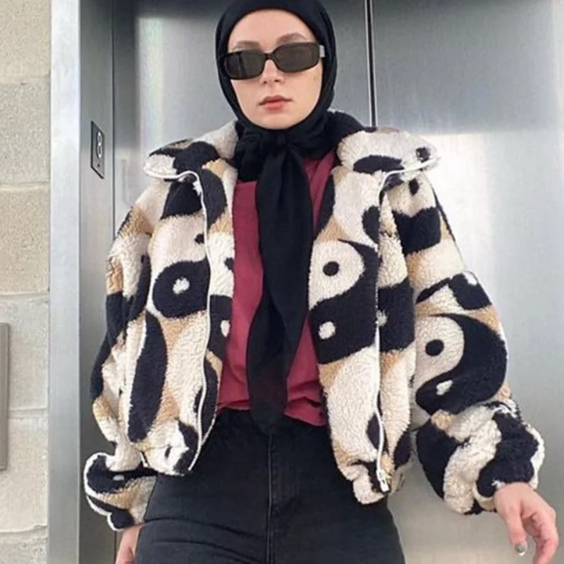 

Dresses for Women 2021 Winter Jacket Lamb Wool Long Sleeve Lapel Zipper Fashion Contrast Color Loose Warm Casual куртка женская