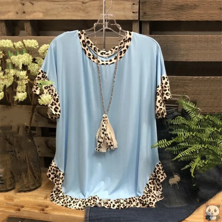 

2021 plus Size Women's Clothing Leopard Splicing Short Sleeve round Neck Loose Mid-Length Top T-shirt Women