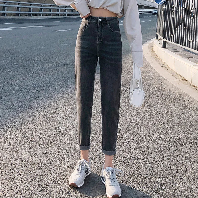 

TongSiHai Jeans Women Ladies Fashion High Waist Straight Harem Pants Girls Students Loose Cotton Ankle-length Denim Pants