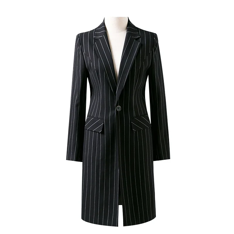 

Black Grey Striped Pant Suit Women Long Blazers Jacket Two-piece Set Office Ladies Slim Notched Female Business Work Wear