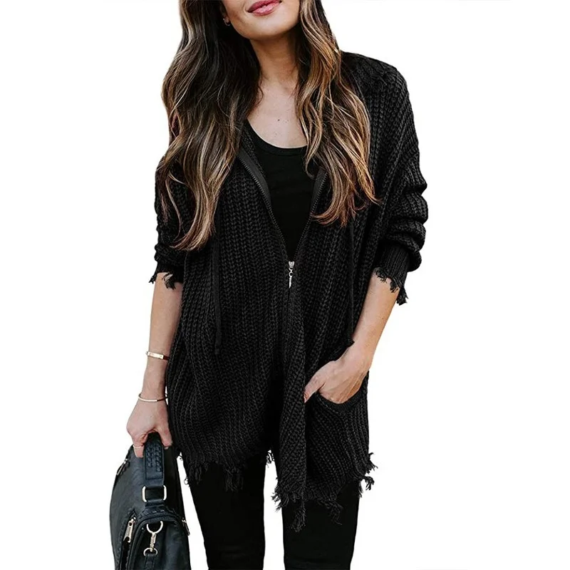 

Winter Sweaters Women Europe 2021 New Fashion Cardigans Women Ripped Sweater Casual Zipper Drawstring Hooded Pink Cardigan
