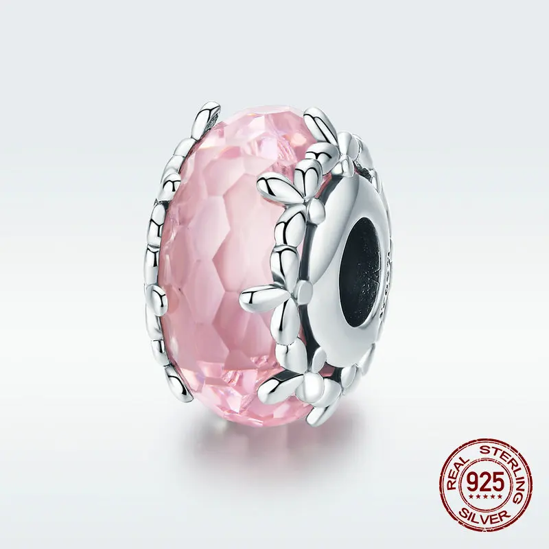 Натуральная 100% 925 серебро с украшениями из розового стекла бисером и цветочным