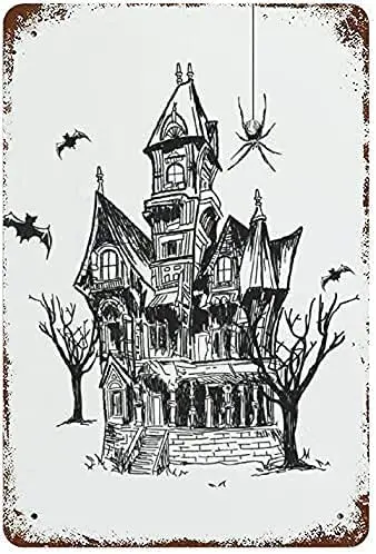 

Halloween Night Witch Horror Castle Spider Web and Bat, Vintage Metal Tin Sign Wall Decor