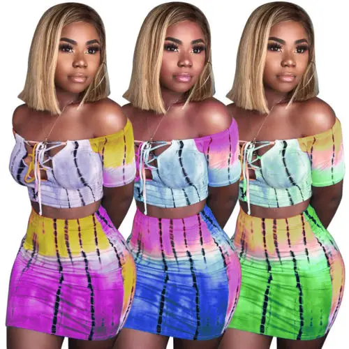 

Sexy Women 2 Piece Set Off Shoulder Crop Top And Skirt Bodycon Outfits Fashion Sexy Tie Dye Summer Slim Party Clubwear Clothes