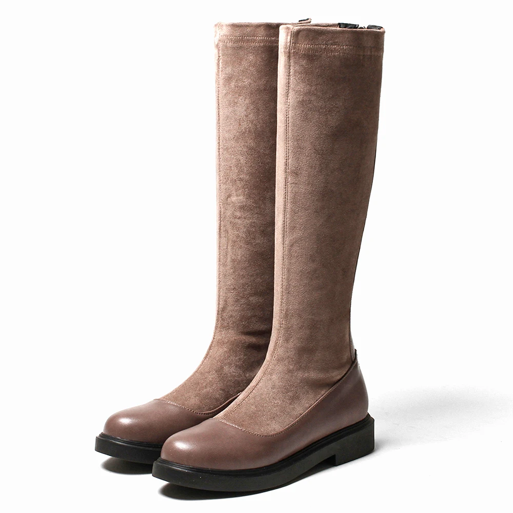 

Сапоги до колена из флока на плоской подошве, теплые зимние сапоги с круглым носком и молнией сзади на низком каблуке