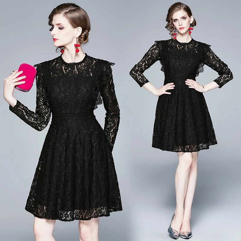 

Ladies Black A-Line Dress Autumn 2019 New Lace Hollow Out Women's Long Sleeve Round Neck High Waist Party Mini Vestidos Dress