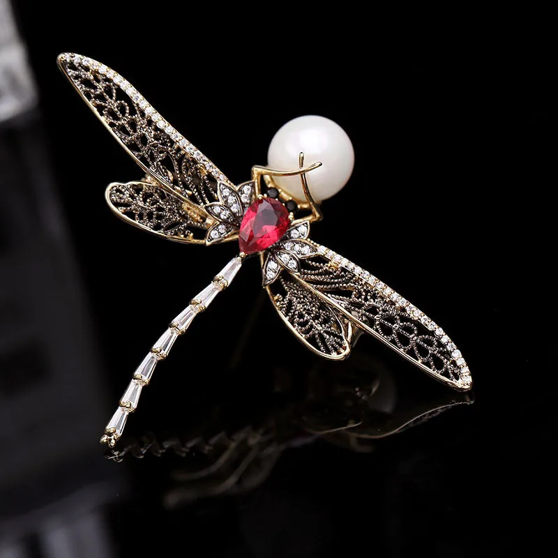 Женская брошь в форме стрекозы Okily животного с жемчугом из фианита класса ААА