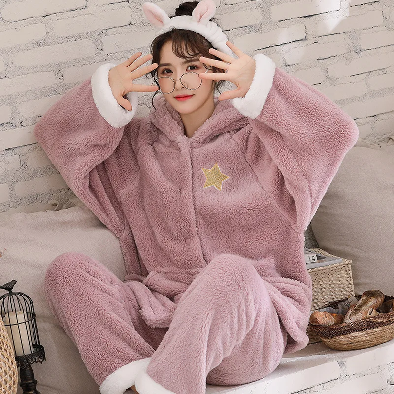 Коралловые бархатные осенние и зимние толстые теплые женские пижамы фланелевые