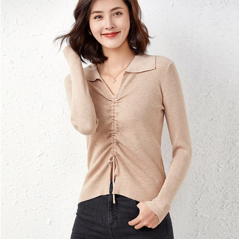 

Slim V Neck Women Sweater Tops Turn-Neck Sleeve Knitted Sweaters Elegant Autumn Winter Pullovers Top Jersey Mujer