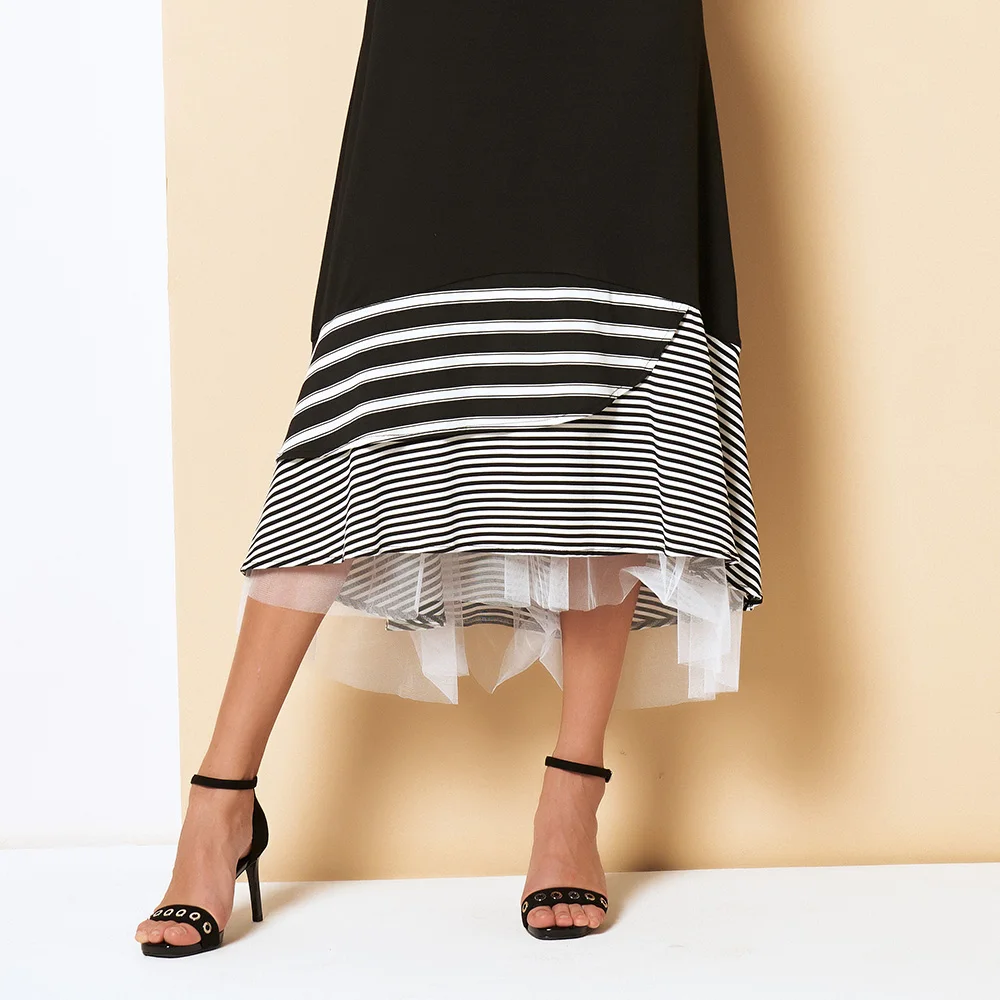 

Women Casual Dress Contrast Mesh Zebra Print Tiered Layer Hem Loose Long Dress