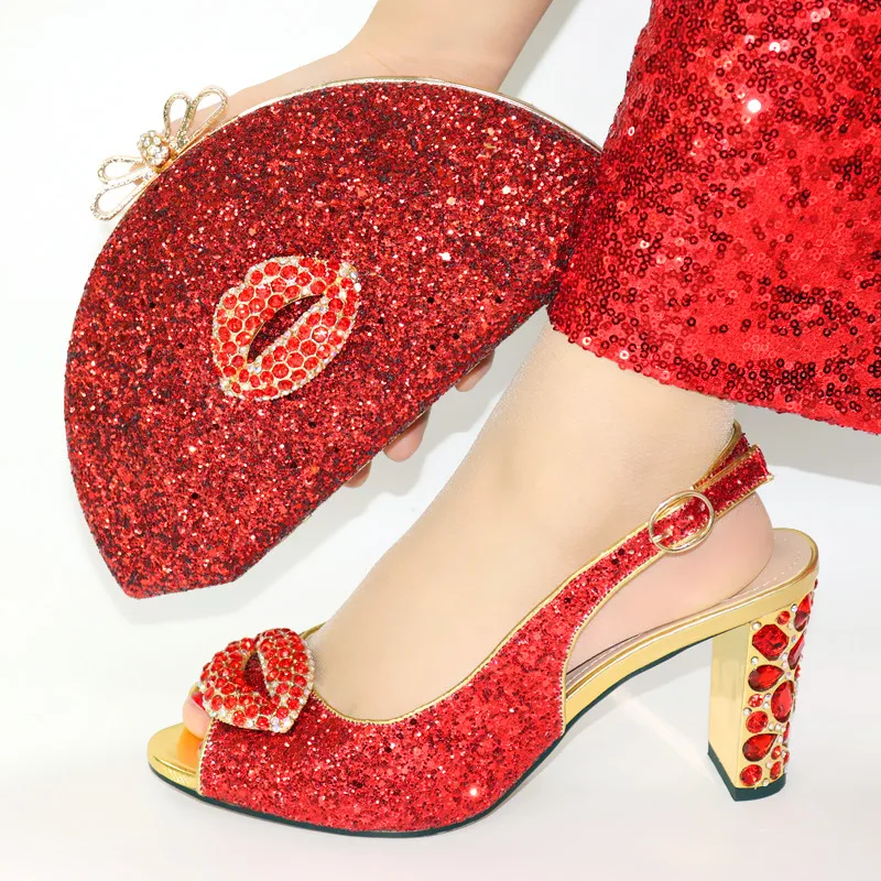 

Red Color Italian Decorated With Kiss Stones Pumps 9CM Shoes And Bag Set Nigerian Women Christmas Dress Shoes and Bag Set