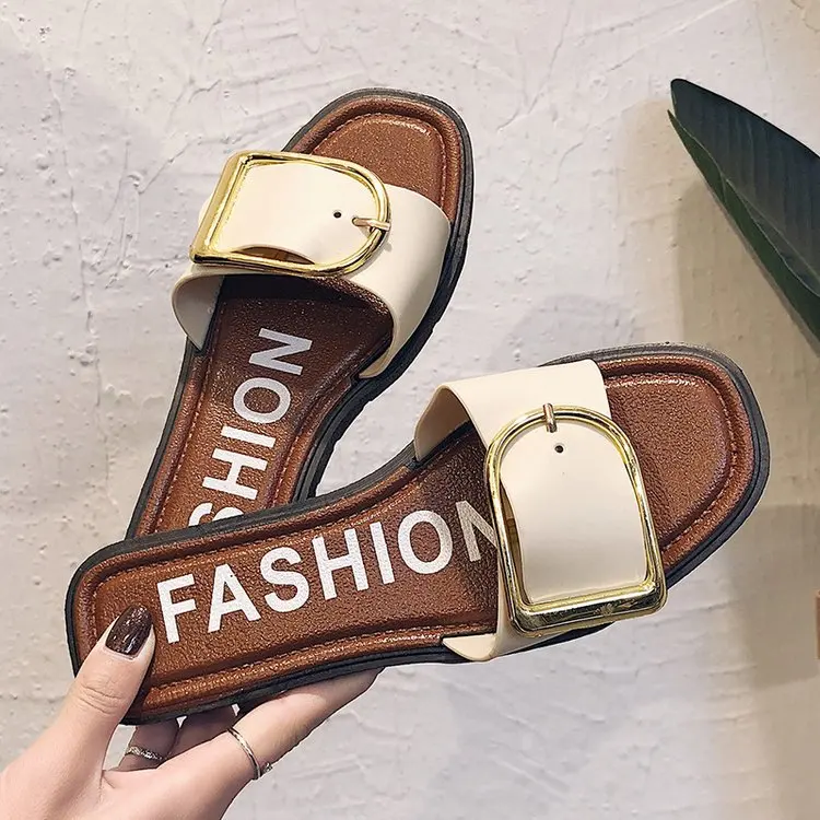 Women's Fashion  Slippers Flat Flat-heel Metal Buckle Slippers Beach Shoes Woman Slippers Shoes for Women Women Shoes