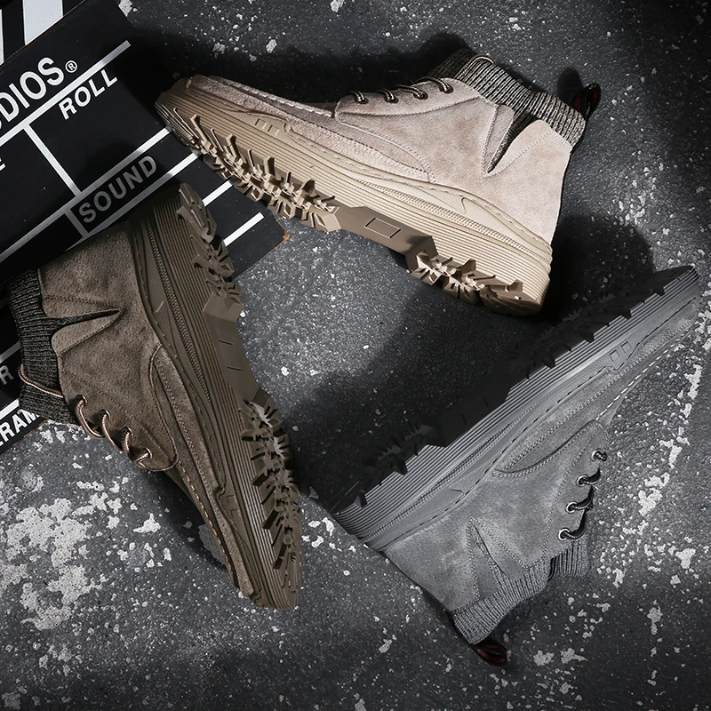 Кожаные ботинки мужские на каблуке модная повседневная обувь кроссовки