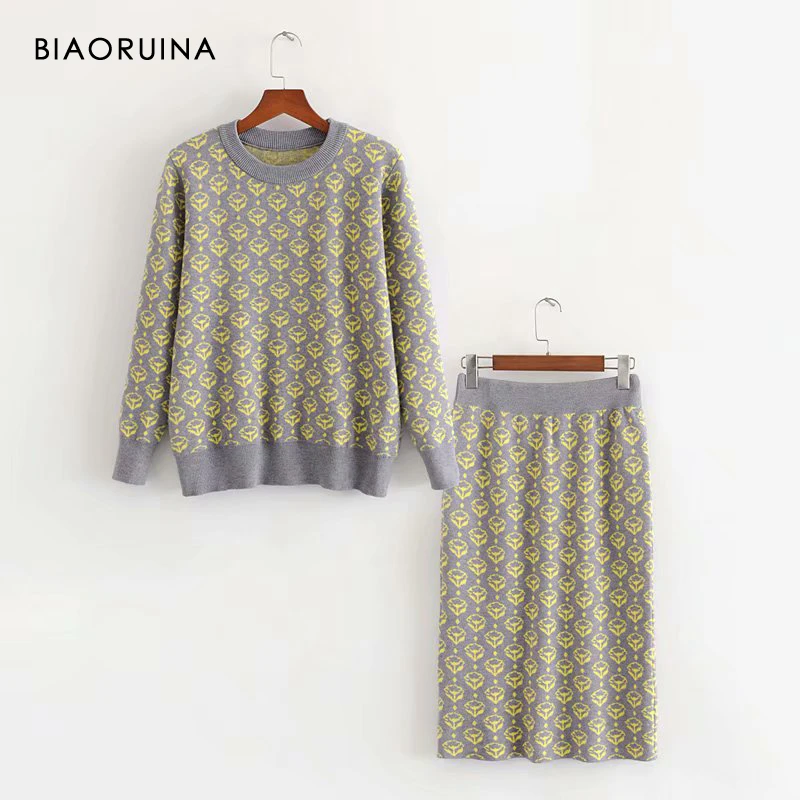 BIAORUINA Женский жаккардовый Повседневный вязаный комплект из двух предметов с