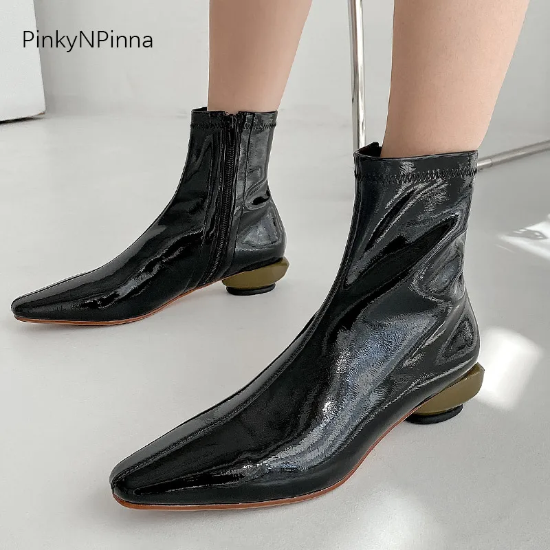 

fashion women soft patent leather shining ankle boots pointed toe side zip up metallic heels party office short booties shoes