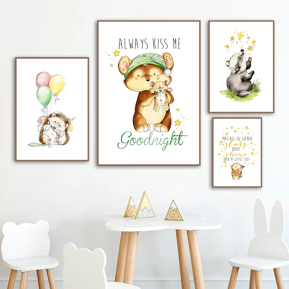 

Cartoon Animals Hedgehog Bear Owl Nordic Posters And Prints Wall Art Canvas Painting Wall Pictures Baby Bedroom Kids Room Decor