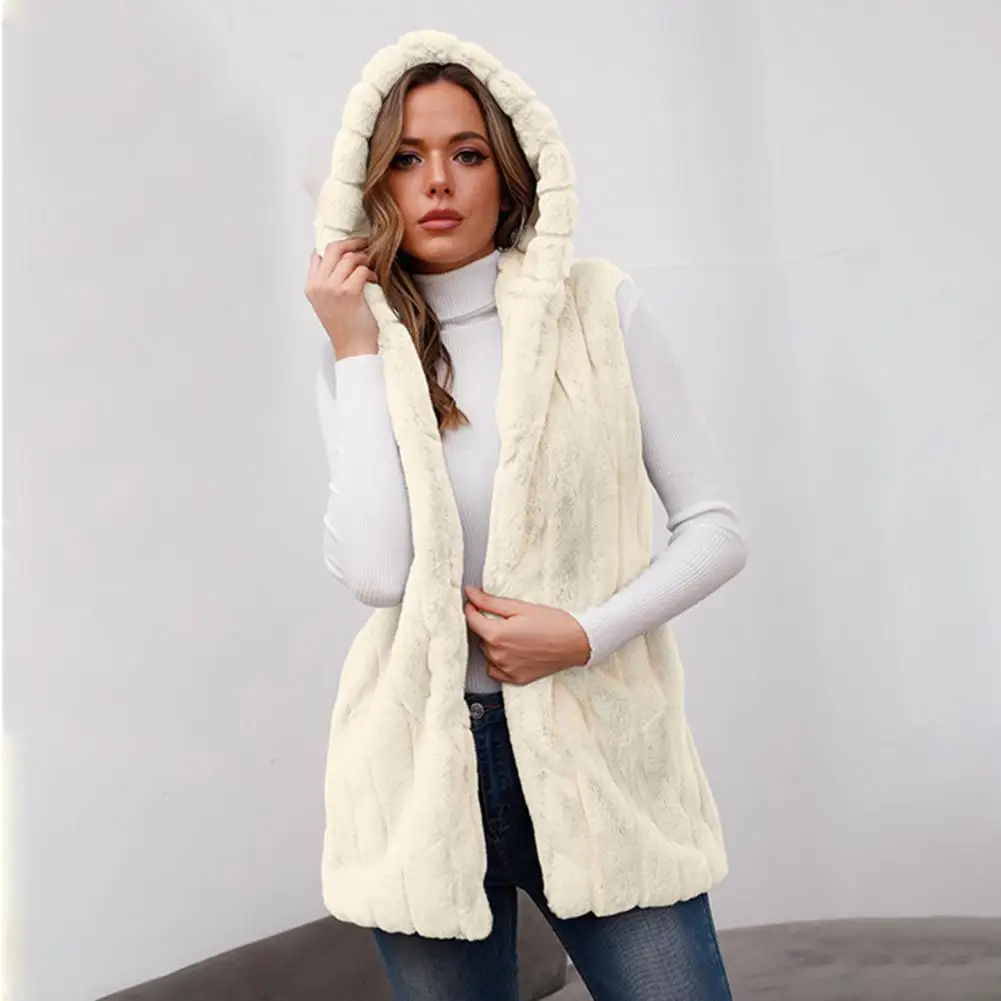 

2021 Stylish Cardigan Jacket Waist Tight Hooded Fluffy Vest Coat Women Faux Fur Pockets Long Warm Casual Vest Overcoat Outerwear