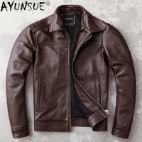 ayunsue 2020 new top men clothing mens genuine cowhide leather jacket 5xl short casual autumn coat mens ropa de hombre lxr372