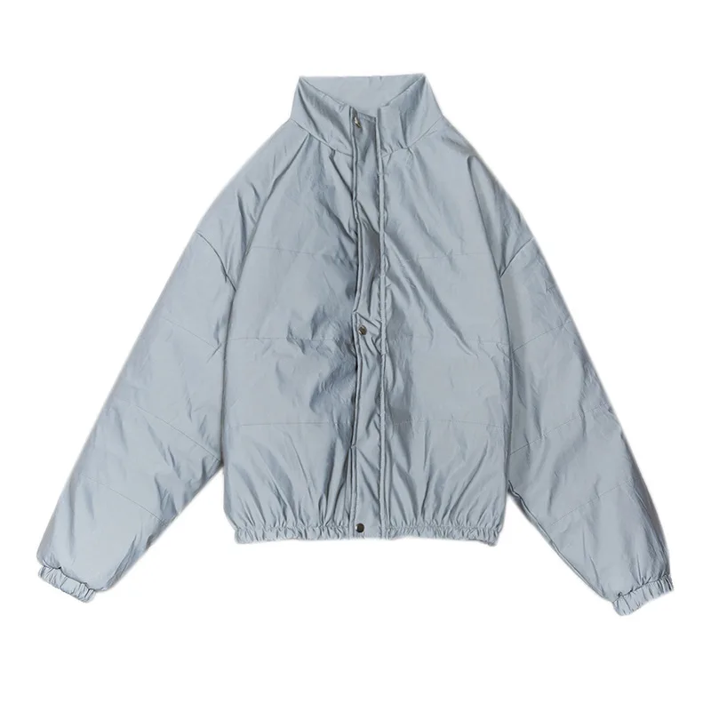 

INS Luminous Stand Collar Jacket Bomber Reflective Silver Cotton Padded Coat Cardigan Zipper Metal Color Parka Tops Chaquetas