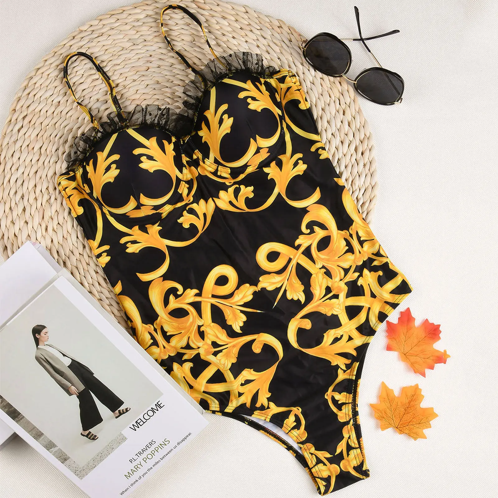 

Women Fashion Lace Floral Swimsuit Ruffle Lace Hem Decoration Neckline Triangle Crotch Swimwear Swimming Bathing Suit Beachwear