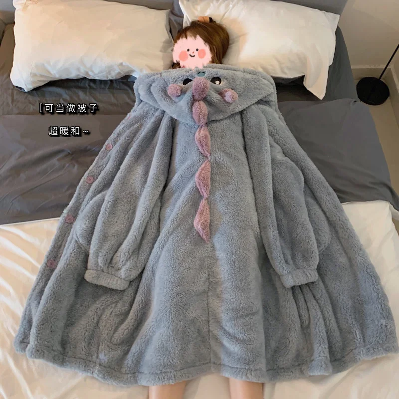 Winter Nightgown Dress Girl Kawaii Cartoon Hooded Coral Fleece Thicken Keep Warm Single Breasted Full Sleeve Cute Pajamas Women