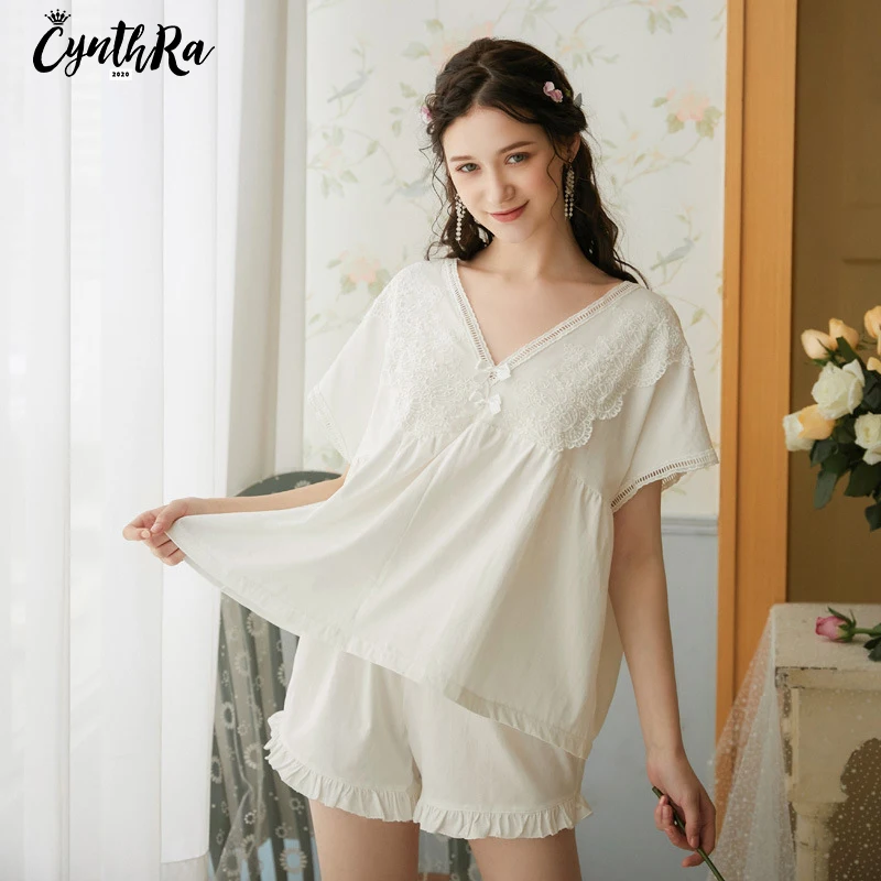 CYNTHRA/Хлопковая пижама с короткими рукавами Костюм Женские летние шорты в стиле